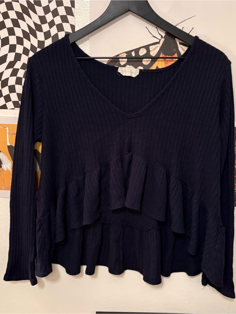 Altar’d State Navy Ribbed Ruffle Peplum Top Size M - Picture 4 of 6